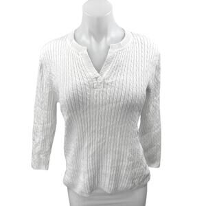Croft & Barrow Womens White Cable Knit Split Neck 3/4 Sleeve Sweater Top Size M